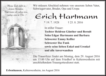 Traueranzeige von Erich Hartmann von Südthüringer Presse