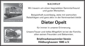 Traueranzeige von Hans-Dieter Opelt von Südthüringer Presse