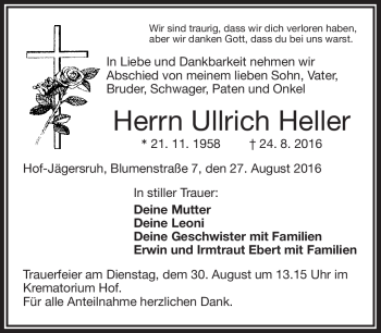 Traueranzeige von Ullrich Heller von Frankenpost