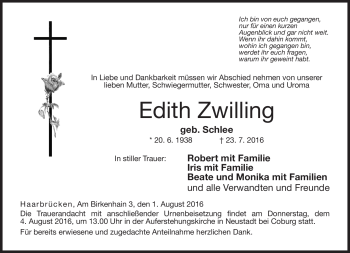 Traueranzeige von Edith Zwilling von Neue Presse Coburg