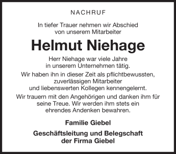 Traueranzeige von Helmut Niehage von Südthüringer Presse