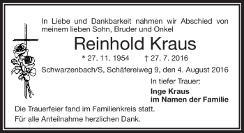 Traueranzeige von Reinhard Kraus von Frankenpost
