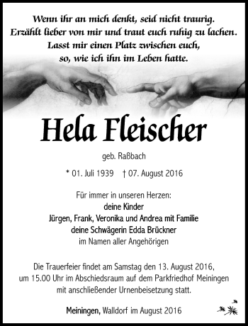 Traueranzeige von Hela Fleischer von Südthüringer Presse