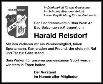 Traueranzeige von Harald Reisdorf von Südthüringer Presse