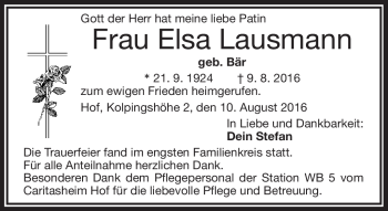 Traueranzeige von Elsa Lausmann von Frankenpost