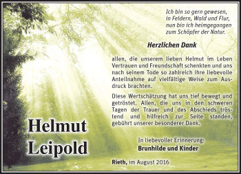 Traueranzeige von Helmut Leipold von Südthüringer Presse