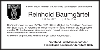Traueranzeige von Reinhold Baumgärtel von Frankenpost
