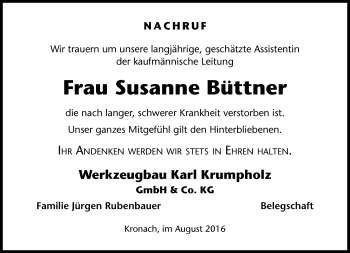 Traueranzeige von Susanne Büttner von Neue Presse Coburg