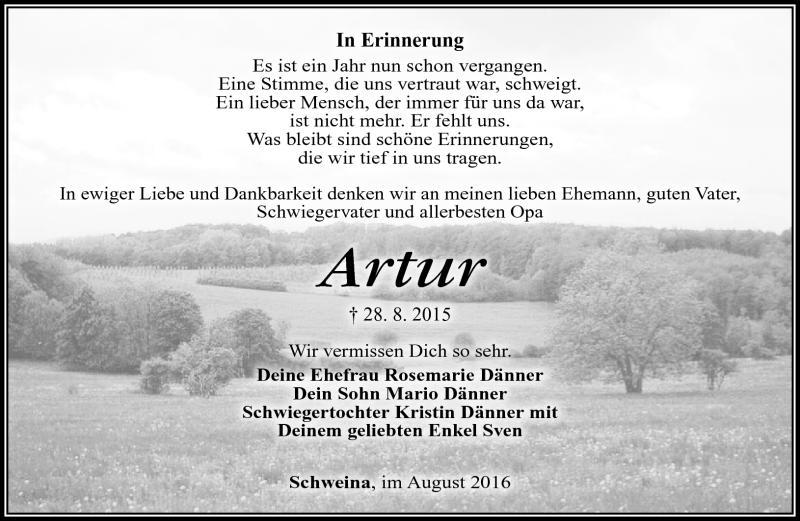  Traueranzeige für Artur Dänner vom 27.08.2016 aus Südthüringer Presse