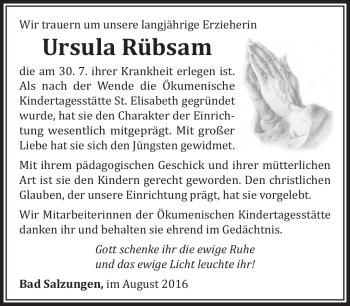 Traueranzeige von Ursula Rübsam von Südthüringer Presse