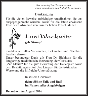 Traueranzeige von Loni Wackwitz von Südthüringer Presse