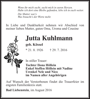 Traueranzeige von Jutta Kuhlmann von Südthüringer Presse