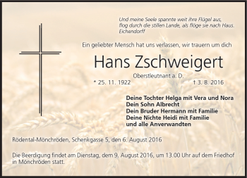 Traueranzeige von Hans Zschweigert von Neue Presse Coburg