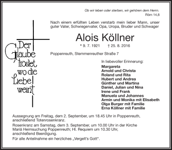 Traueranzeige von Alois Köllner von Frankenpost