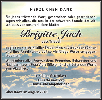 Traueranzeige von Brigitte Jach von Südthüringer Presse