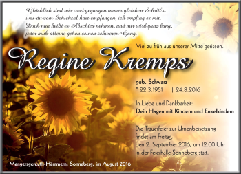 Traueranzeige von Regine Kremps von Südthüringer Presse