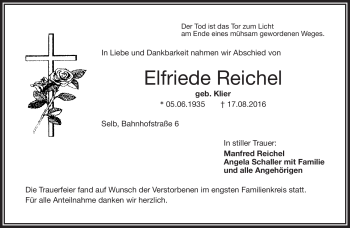 Traueranzeige von Elfriede Reichel von Frankenpost