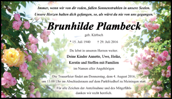Traueranzeige von Brunhilde Plambeck von Südthüringer Presse