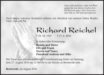 Traueranzeige von Richard Reichel von Südthüringer Presse