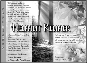 Traueranzeige von Helmut Reuner von Südthüringer Presse