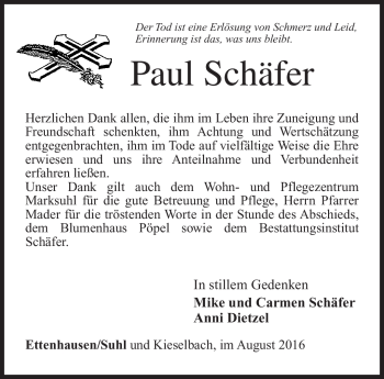 Traueranzeige von Paul Schäfer von Südthüringer Presse