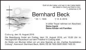 Traueranzeige von Bernhard Beck von Neue Presse Coburg