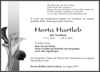 Traueranzeige von Herta Hartleb von Südthüringer Presse