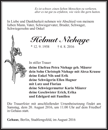 Traueranzeige von Helmut Niehage von Südthüringer Presse