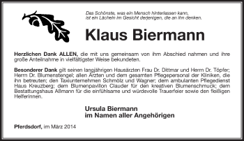 Traueranzeige von Klaus Biermann von Südthüringer Presse
