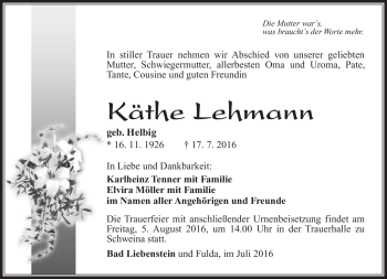Traueranzeige von Käthe Lehmann von Südthüringer Presse