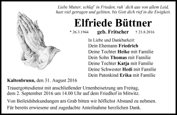 Traueranzeige von Elfriede Büttner von Neue Presse Coburg