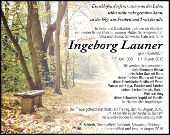 Traueranzeige von Ingeborg Launer von Südthüringer Presse