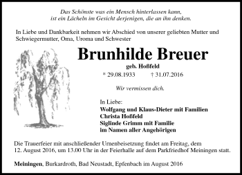Traueranzeige von Brunhilde Breurer von Südthüringer Presse