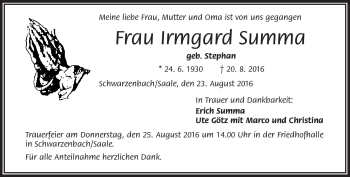 Traueranzeige von Irmgard Summa von Frankenpost