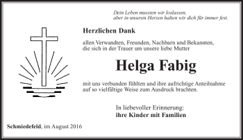 Traueranzeige von Helga Fabig von Südthüringer Presse