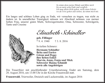 Traueranzeige von Elisabeth Schindler von Südthüringer Presse