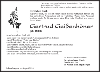 Traueranzeige von Gertrud Geißenhörner von Südthüringer Presse