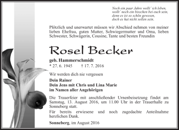 Traueranzeige von Rosel Becker von Südthüringer Presse