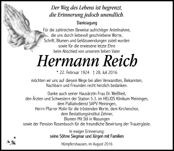 Traueranzeige von Hermann Reich von Südthüringer Presse