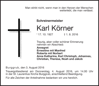 Traueranzeige von Karl Körner von Neue Presse Coburg