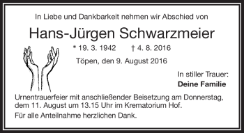 Traueranzeige von Hans-Jürgen Schwarzmeier von Frankenpost