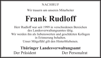Traueranzeige von Frank Rudloff von Südthüringer Presse