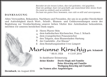 Traueranzeige von Marianne Kirschig von Südthüringer Presse
