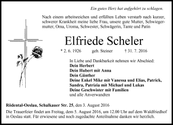 Traueranzeige von Elfriede Scheler von Neue Presse Coburg