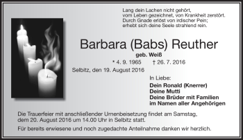 Traueranzeige von Barbara Reuther von Frankenpost