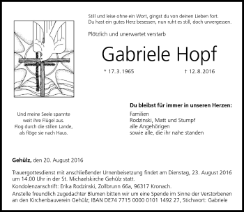 Traueranzeige von Gabriele Hopf von Neue Presse Coburg