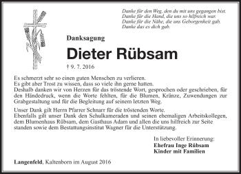 Traueranzeige von Dieter Rübsam von Südthüringer Presse