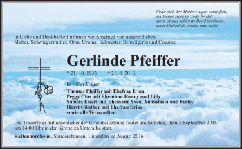 Traueranzeige von Gerlinde Pfeiffer von Südthüringer Presse