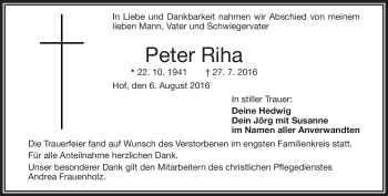 Traueranzeige von Peter Riha von Frankenpost