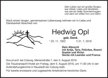 Traueranzeige von Hedwig Opl von Neue Presse Coburg
